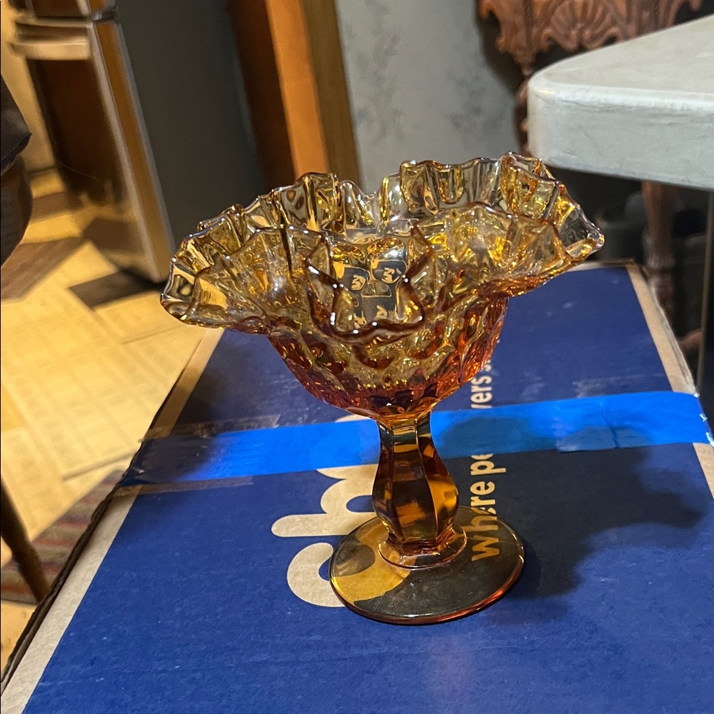 Vintage Amber Glass Ruffled Edge Compote